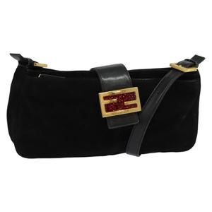 FENDI Mamma Baguette Shoulder Bag Suede Black Gold Auth 133991